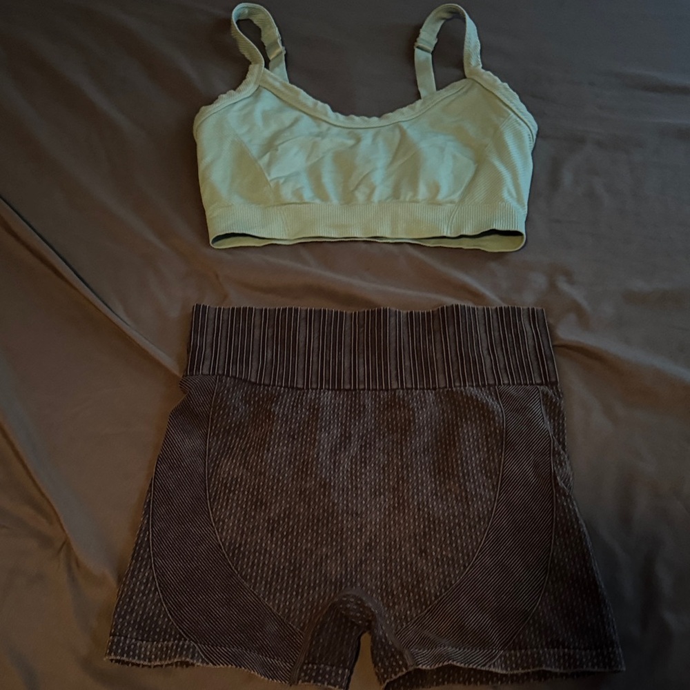 Sports Bra and Grey Scrunch Shorts Set
